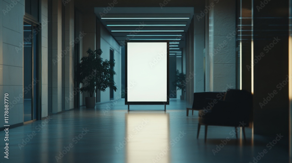 Blank billboard display along wall in office hallway. Empty lobby interior with white LCD screen floor stand for advertising. Vertical ads banner in interior, realistic 3d vector mock up Blank billboard display along wall in office hallway. Empty lobby interior with white LCD screen floor stand for advertising. Vertical ads banner in interior, realistic 3d vector mock up
