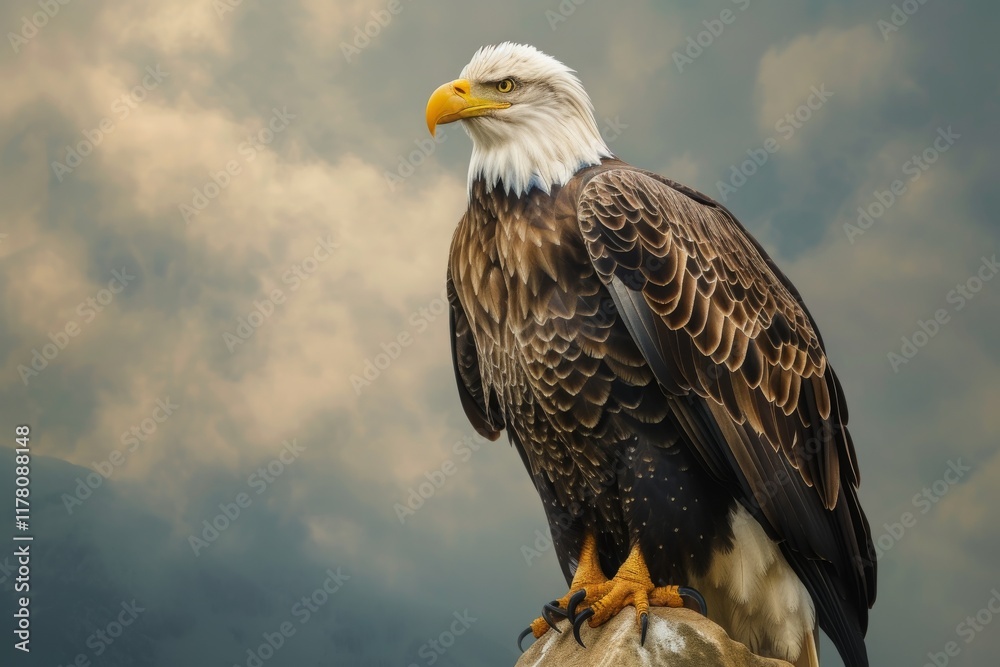 Fototapeta premium A majestic bald eagle perched on a rocky outcrop, set against a dramatic sky that reflects the beauty of wildlife in its natural habitat