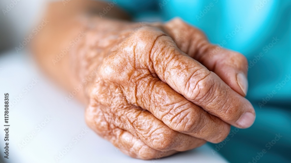 Fototapeta premium This image depicts a close-up view of a wrinkled hand resting on a surface, exemplifying the beauty and intricacy of aging, showcasing, life experience and the passage of time.