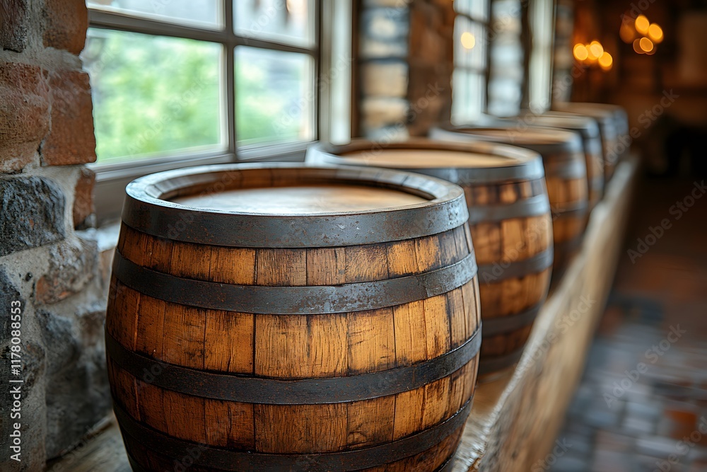 Rustic Wooden Barrels in Traditional Cellar Interior with Warm Lighting