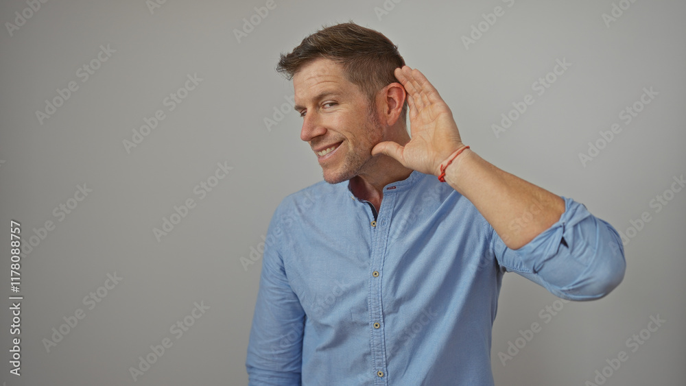 Young man in blue shirt posing with hand to ear on white background, showcasing casual fashion and playful expression Young man in blue shirt posing with hand to ear on white background, showcasing casual fashion and playful expression