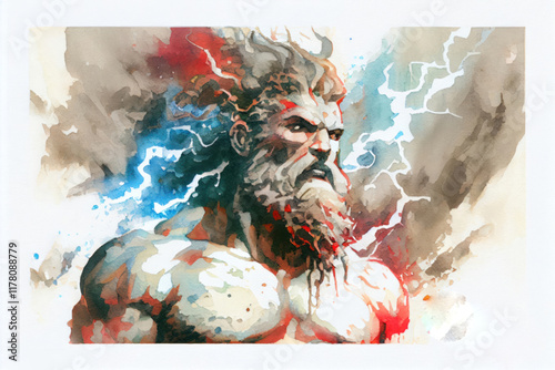 Zeus the Thunderer in anger, watercolor style,   photo