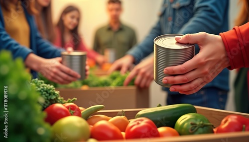 People holding canned goods at food bank donation. Volunteers collecting donations of canned food. Helping hands contribute to food supply. Plenty of fresh produce like vegetables, tomatoes also