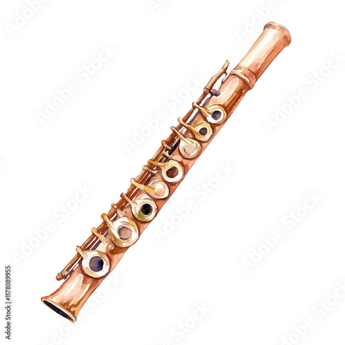 A watercolor of a piccolo flute headjoint, isolated on a white background. Musical accessory vector.
