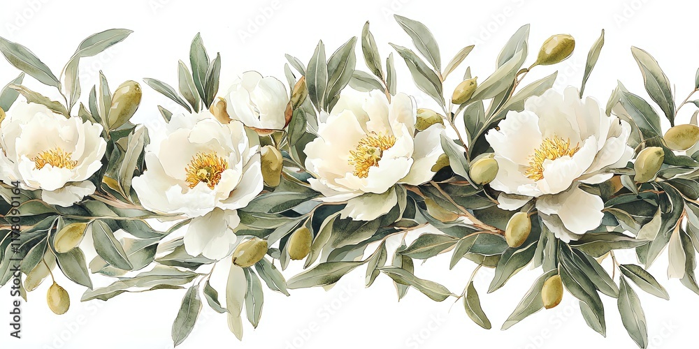 Fototapeta premium Watercolor floral border with wild peonies and olive leaves, romantic painting style, gentle color bleeding, pure white background, elegant composition