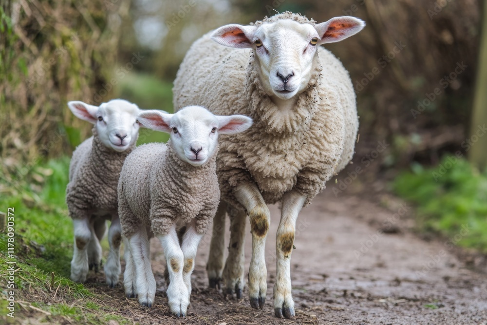 A herd of sheep walking down a dirt road A herd of sheep walking down a dirt road