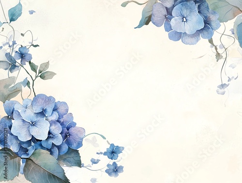 Watercolor floral border with blue hydrangeas and trailing vine leaves, dreamy wet-on-wet technique, minimalist cream background, detailed botanical elements photo