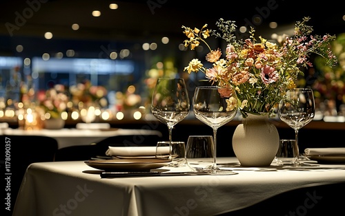 Elegant restaurant table setting with floral centerpiece.
