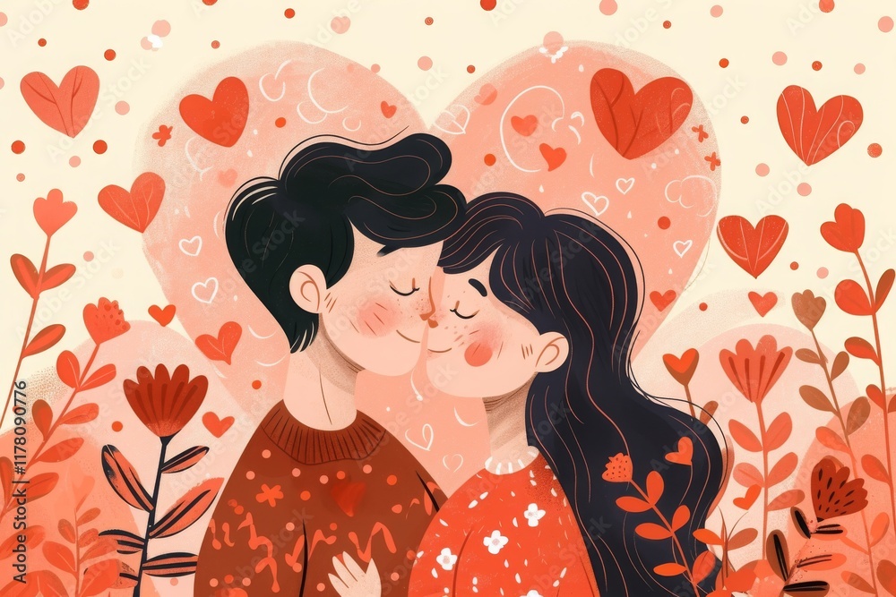 A young couple shares a tender kiss on Valentine's Day surrounded by hearts and flowers, embodying romance and affection in a warm, inviting atmosphere A young couple shares a tender kiss on Valentine's Day surrounded by hearts and flowers, embodying romance and affection in a warm, inviting atmosphere
