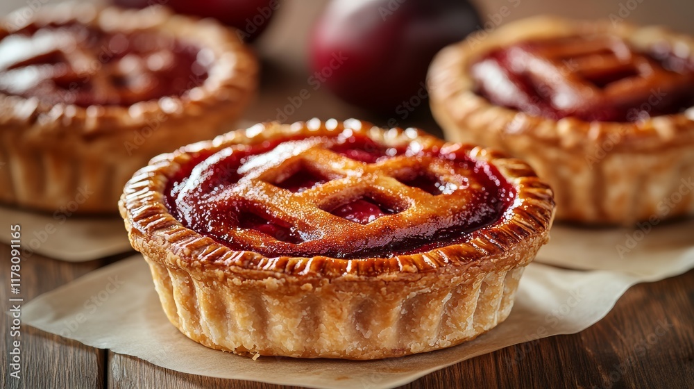 Close-up of mini fruit pies with lattice crust, resting on parchment paper, with plums in the background Close-up of mini fruit pies with lattice crust, resting on parchment paper, with plums in the background