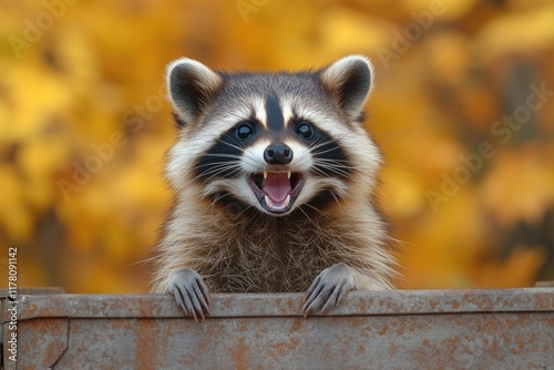 A raccoon stands on top of a metal container, with a bold and curious expression photo