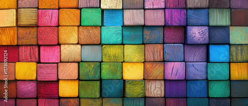 Vibrant colored wood blocks arranged in a chaotic yet visually appealing pattern photo