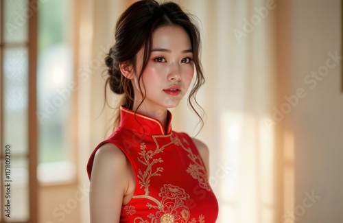 Beautiful young woman in traditional Chinese dress. Red qipao with golden embroidery. Model posed indoors in stylish setting. Oriental style clothing. Festive, elegant. Lunar New Year cultural