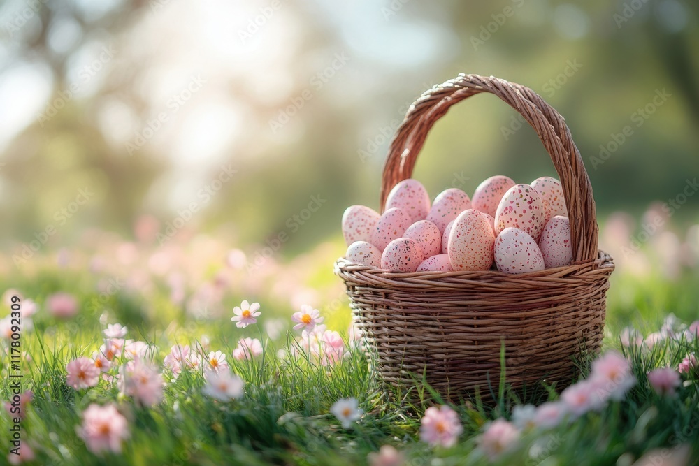 Beautiful basket filled with speckled eggs resting on a grassy field surrounded by flowers Beautiful basket filled with speckled eggs resting on a grassy field surrounded by flowers