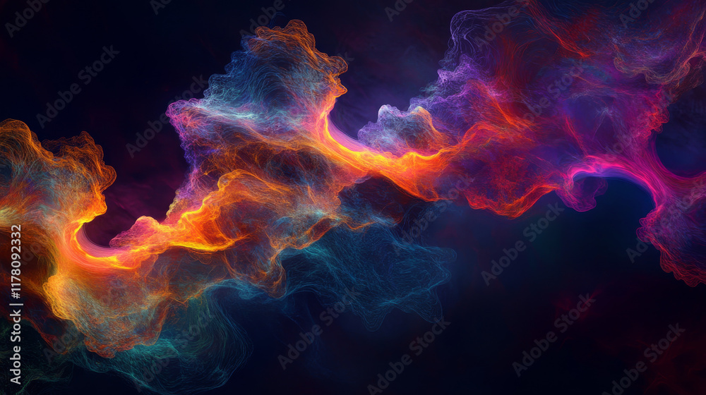 Fototapeta premium Dynamic, colorful soundwaves forming smooth curves and peaks against a dark background.