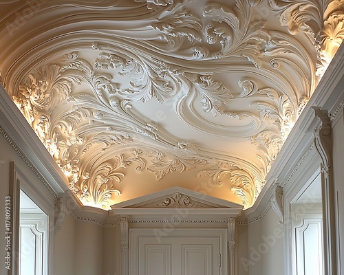 Elegant ornate ceiling with recessed lighting and crown molding in a hallway.