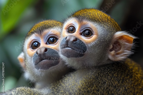 Two primates sit side by side, socializing or resting photo