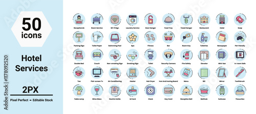 hotel services icons set such as, 	airplane, background, bag, beach, camera, holiday, hotel, icon, icons, illustration, line, luggage, passport, plane, sea, service, set, vector stock illustration