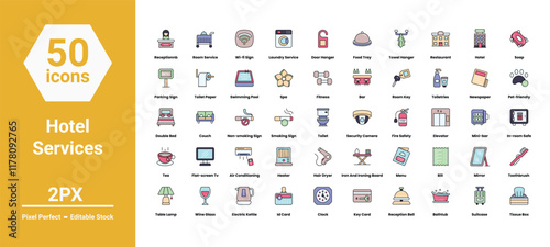 hotel services icons set such as, 	airplane, background, bag, beach, camera, holiday, hotel, icon, icons, illustration, line, luggage, passport, plane, sea, service, set, vector stock illustration
