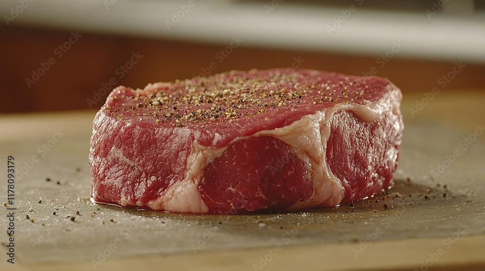 Raw seasoned steak on cutting board in kitchen. Raw seasoned steak on cutting board in kitchen.