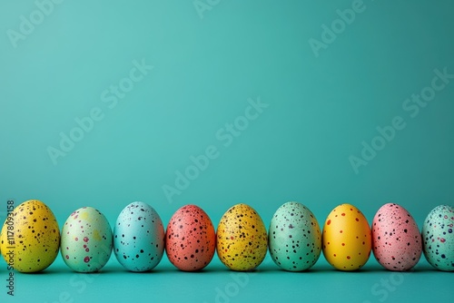 Colorful speckled eggs arranged neatly on a turquoise background celebrating Easter joy photo