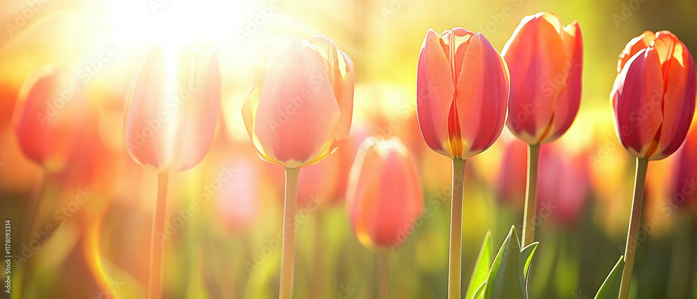 Fototapeta premium Vibrant tulip fields blooming in spring sunlight creating a picturesque landscape