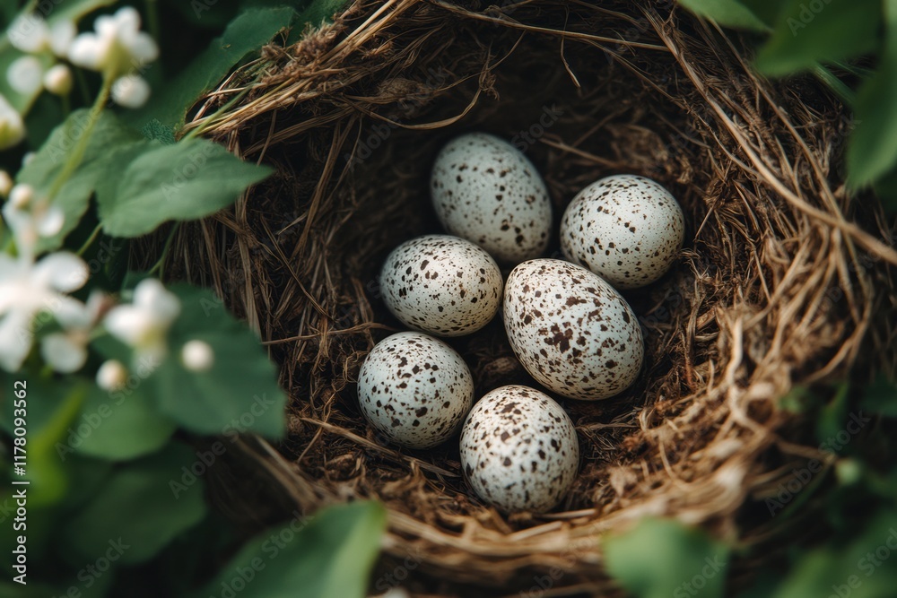 Nest with speckled eggs among green foliage in a tranquil natural setting Nest with speckled eggs among green foliage in a tranquil natural setting