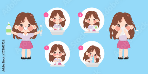Nasal irrigation infographic. Nose cleansing, Syringe and saline for washes nose. vector illustration premium.