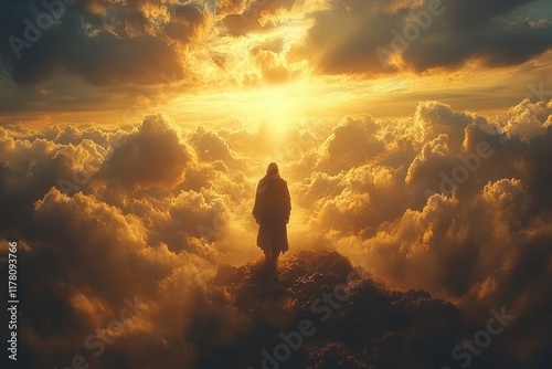 Celebration of the miracle of Easter with a figure amidst clouds at dawn