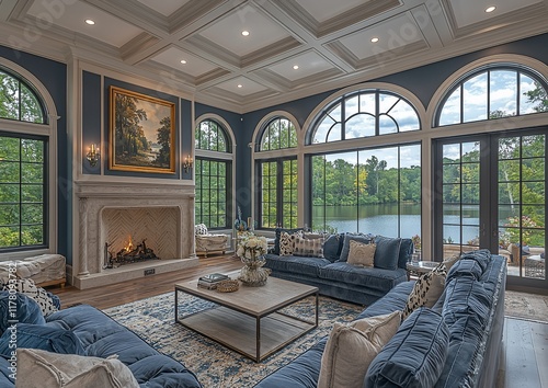 Luxurious living room with lake view, fireplace, and coffered ceiling.