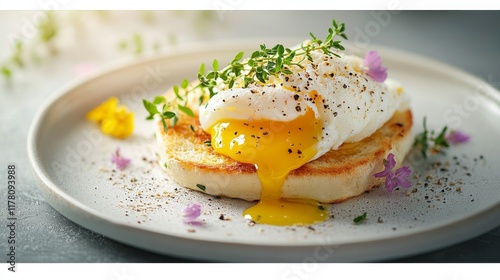 A minimalistic presentation of a poached egg on toasted bread, garnished with herbs and edible flowers photo