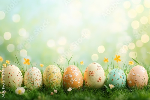 Celebrate Easter with colorful decorated eggs on a bright spring background filled with flowers photo