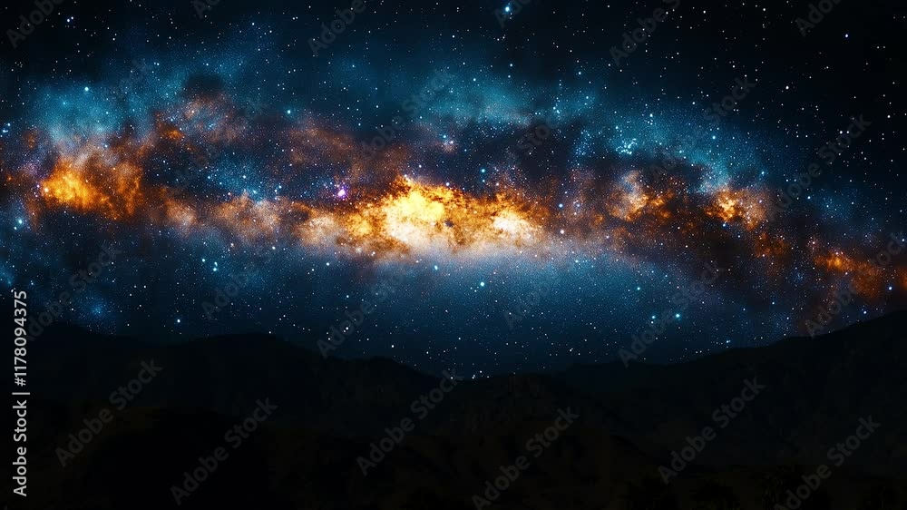 Time lapse of stars and Milky Way moving across the night sky above desert landscape. Beautiful starry night