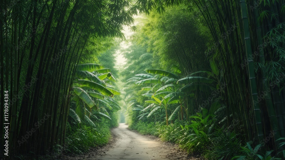 Fototapeta premium Lush bamboo forest pathway surrounded by vibrant greenery in soft morning light