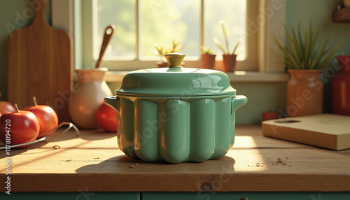 Wallpaper Mural Charming Green Pot on a Wooden Kitchen Table Torontodigital.ca