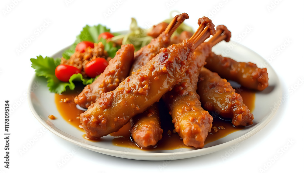 Photo of a plate of Bebek Goreng, featuring succulent fried duck, served with spicy sambal and fresh vegetables, on a white background Photo of a plate of Bebek Goreng, featuring succulent fried duck, served with spicy sambal and fresh vegetables, on a white background