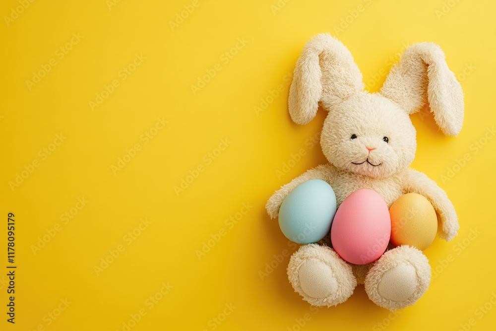 Fototapeta premium Cute stuffed bunny holding colorful Easter eggs against a cheerful yellow background