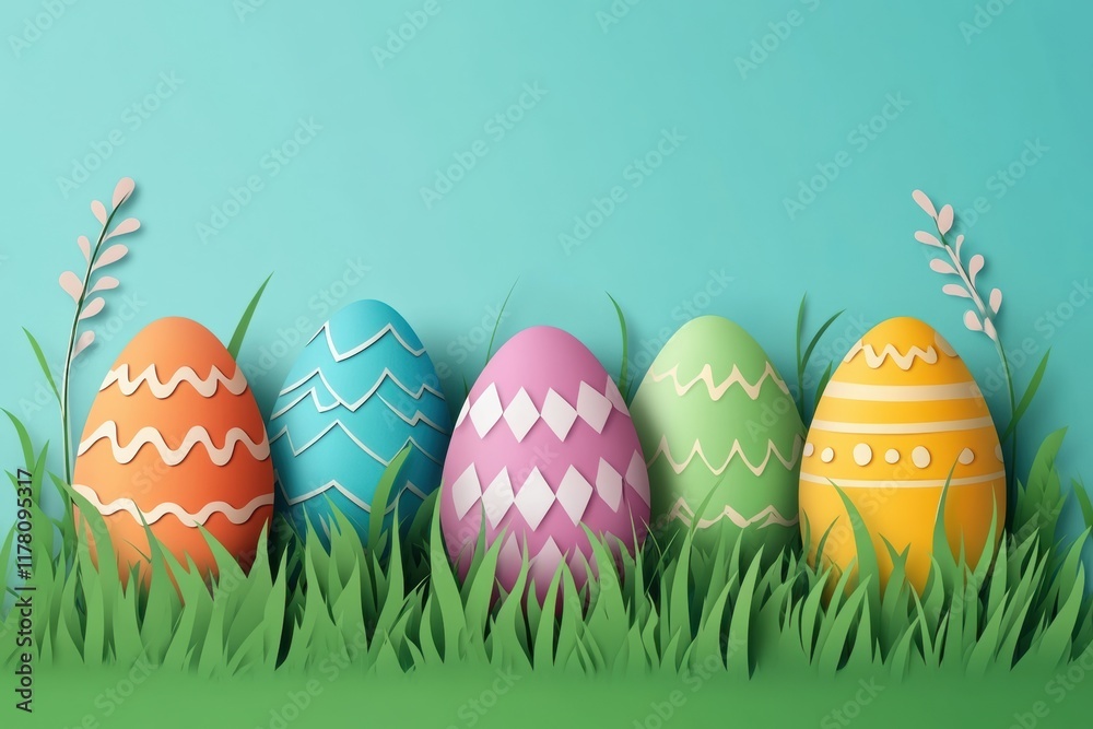 Colorful Easter eggs arranged in grass against a bright blue background for celebration Colorful Easter eggs arranged in grass against a bright blue background for celebration