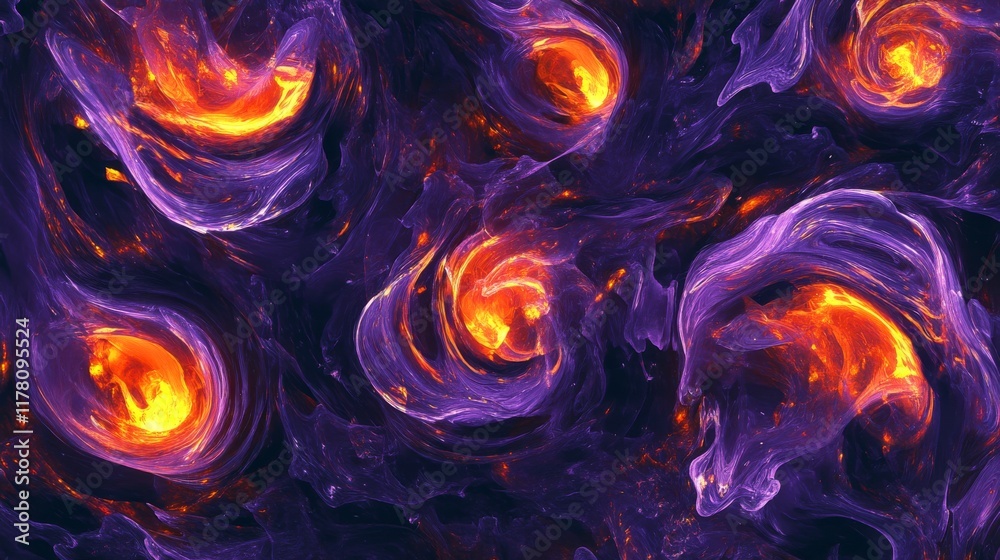 Fototapeta premium Abstract background with circle fire swirls. Comic effect of blast, explosion, spiral motion with fiery trails, purple and black flame, vector cartoon illustration