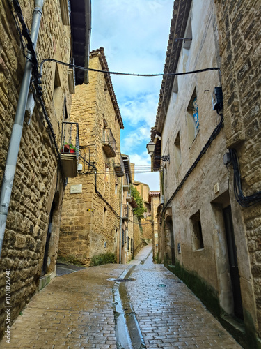 Calles medievales con edificios empedrados