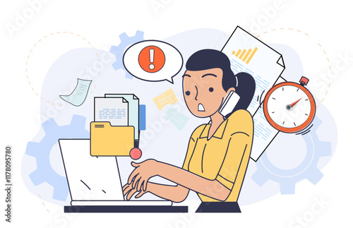 Woman afraid of deadline. Businesswoman with folder with documents. Emotional burnout, mental and psychological problems. Stress, shock and panic. Linear vector illustration