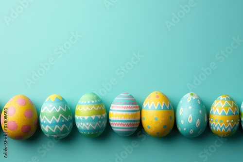 Colorful decorated Easter eggs arranged in a row on a vibrant turquoise background photo