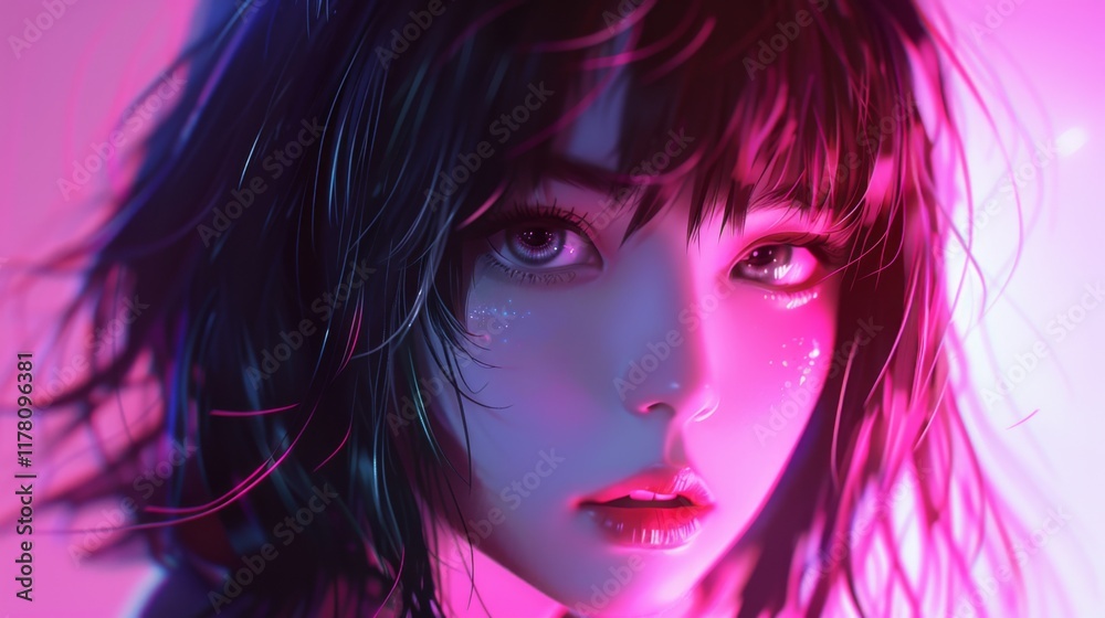 Fototapeta premium Stunning 2D cartoon illustration of an anime girl featuring vaporwave and synthwave styles with vibrant chromosaturation and neon hues perfect for stickers or t shirts in a cyberpunk theme