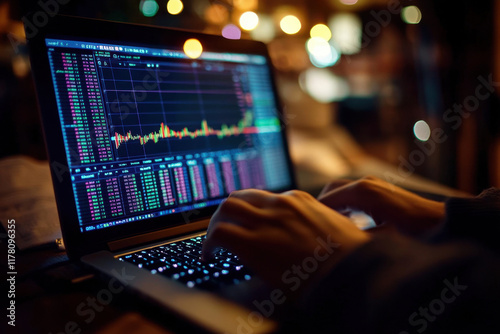 businessman investor working on laptop computer financial with graphic graph chart diagram, stock market, business strategy, investment, digital technology, trading statistics concept
