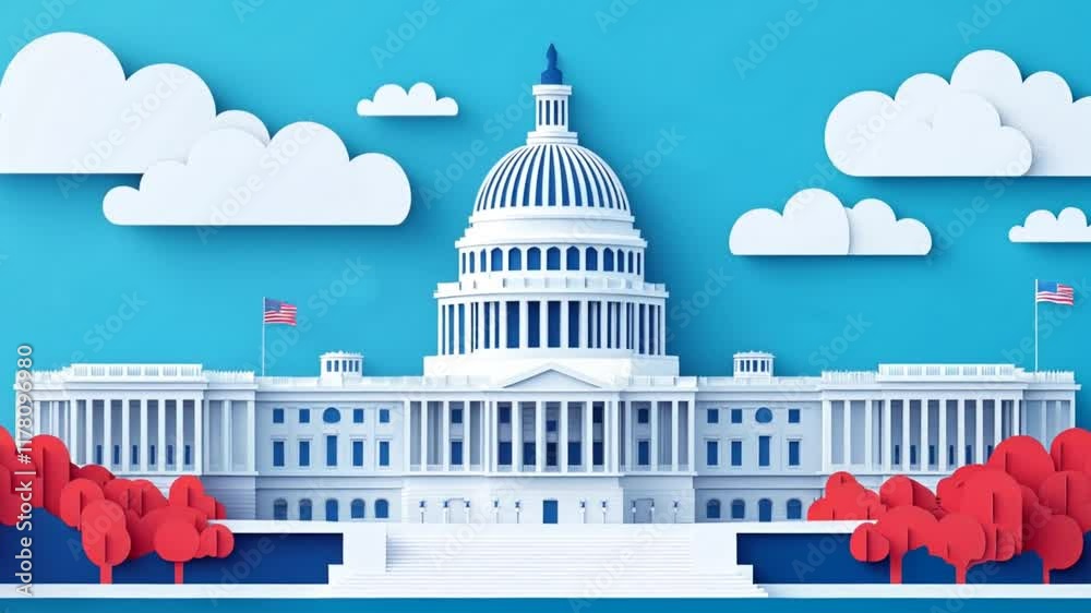 Capitol Building Icon with Patriotic Colors and Minimalist Paper Design