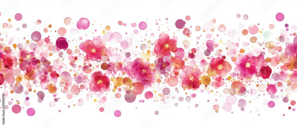 Colorful pink glitter banner with vibrant flowers and bubbles for joyful celebrations Colorful pink glitter banner with vibrant flowers and bubbles for joyful celebrations