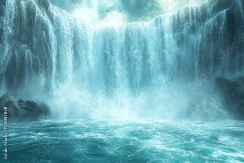 Powerful Cascade Waterfall, Rushing Water, Azure Blue, Tranquil Nature Landscape Photography