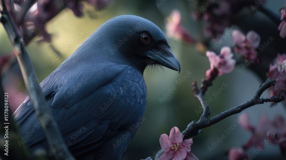 Fototapeta premium A black bird sitting on the top of a tree branch, ready to take flight