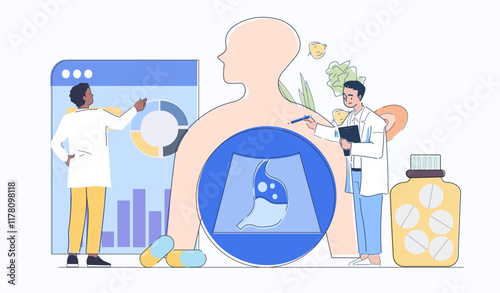 Gastroenterologists study stomach. Men in medical uniform. Team of doctors studies structure of body. Anatomy and biology. Healthcare and medicine. Linear vector illustration