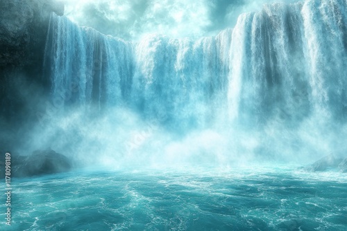 Powerful Waterfall Cascade, Turquoise Water, Misty Spray, Nature Scene, Landscape Photography